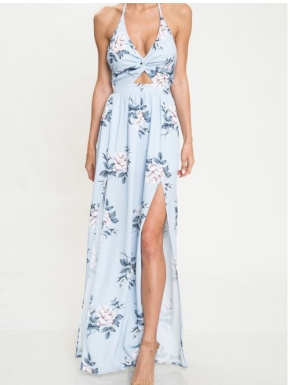 L'ATISTE Light Blue Floral Maxi Dress with High Slit